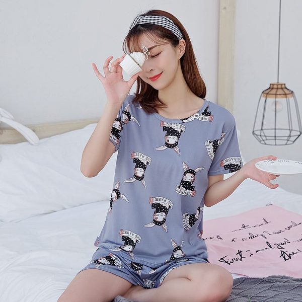 Pyjama d'été pour femme avec t-shirt et short gris à imprimé lapin